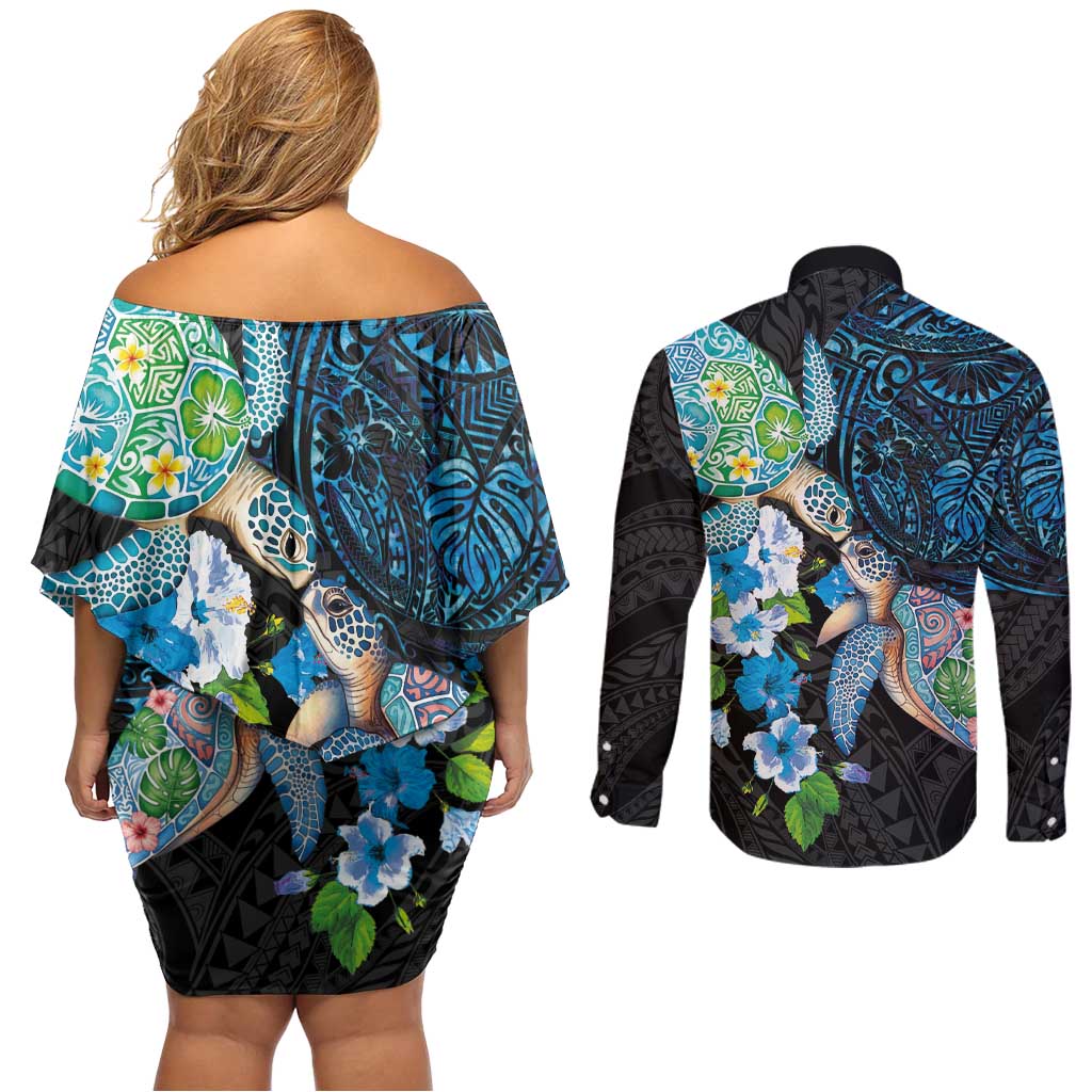 Hawaiian Couple Turtles Honi Couples Matching Off Shoulder Short Dress and Long Sleeve Button Shirt Polynesian Art Motifs and Hibiscus Black Blue Color LT03 - Polynesian Pride
