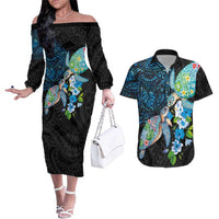 Hawaiian Couple Turtles Honi Couples Matching Off The Shoulder Long Sleeve Dress and Hawaiian Shirt Polynesian Art Motifs and Hibiscus Black Blue Color LT03 Black - Polynesian Pride