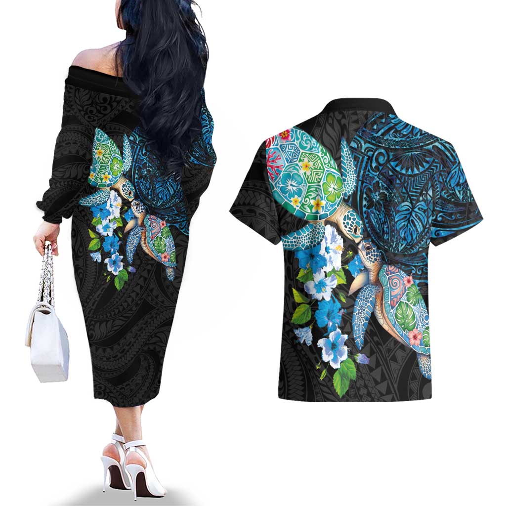 Hawaiian Couple Turtles Honi Couples Matching Off The Shoulder Long Sleeve Dress and Hawaiian Shirt Polynesian Art Motifs and Hibiscus Black Blue Color LT03 - Polynesian Pride