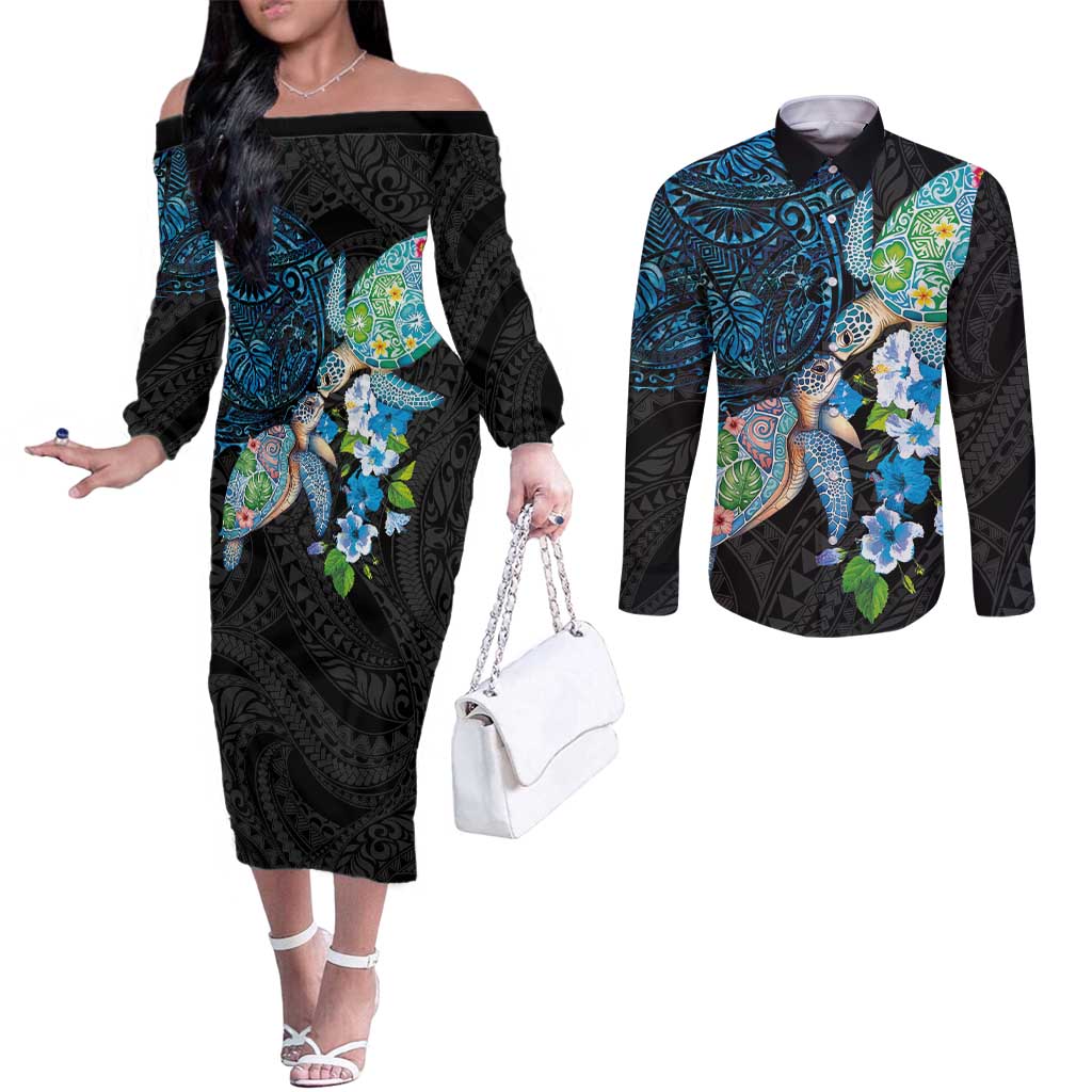Hawaiian Couple Turtles Honi Couples Matching Off The Shoulder Long Sleeve Dress and Long Sleeve Button Shirt Polynesian Art Motifs and Hibiscus Black Blue Color LT03 Black - Polynesian Pride