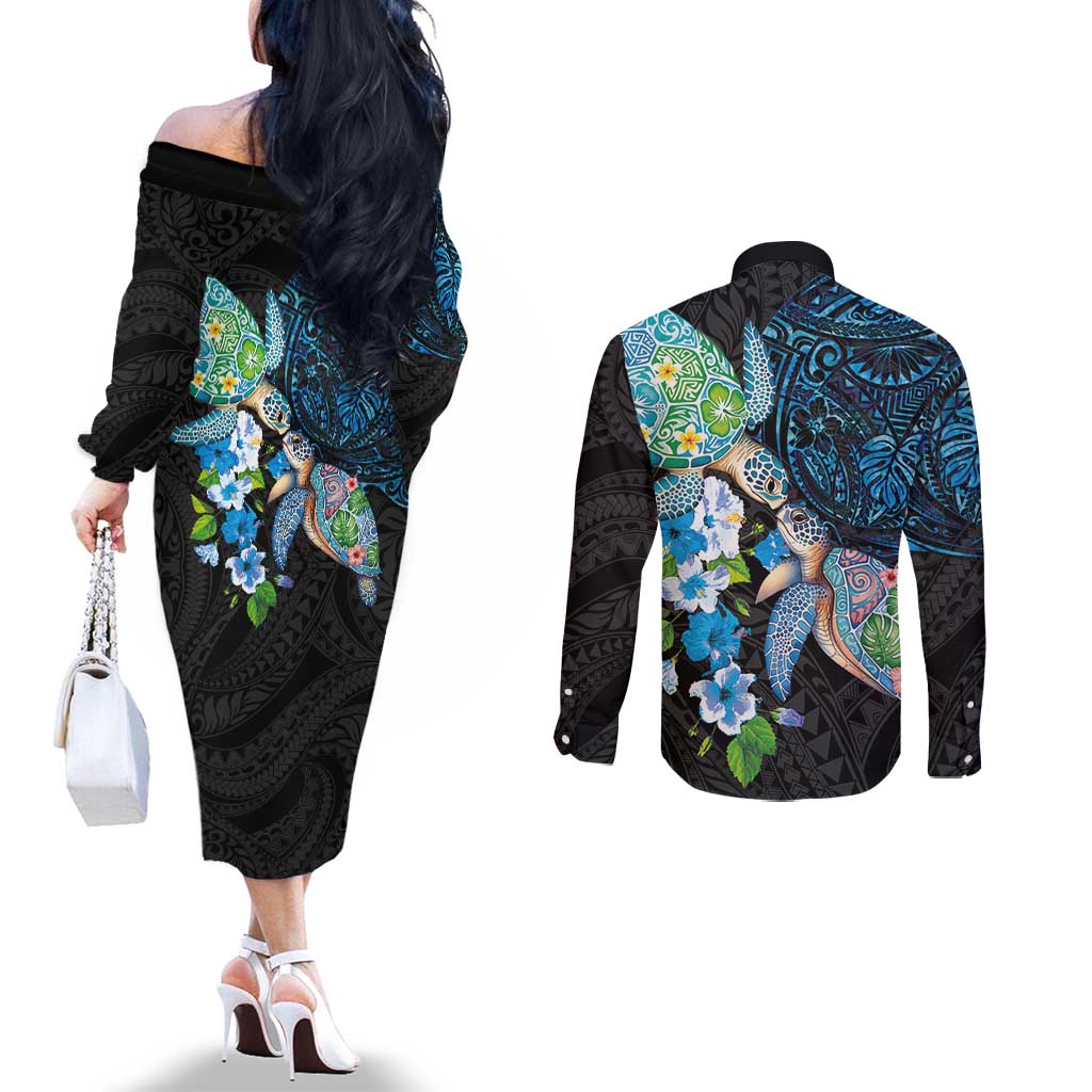 Hawaiian Couple Turtles Honi Couples Matching Off The Shoulder Long Sleeve Dress and Long Sleeve Button Shirt Polynesian Art Motifs and Hibiscus Black Blue Color LT03 - Polynesian Pride