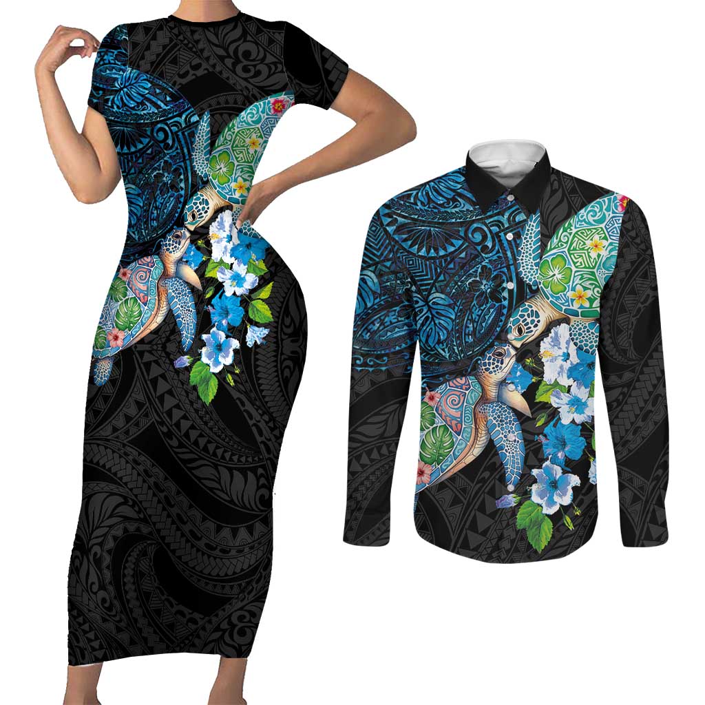 Hawaiian Couple Turtles Honi Couples Matching Short Sleeve Bodycon Dress and Long Sleeve Button Shirt Polynesian Art Motifs and Hibiscus Black Blue Color LT03 Black - Polynesian Pride