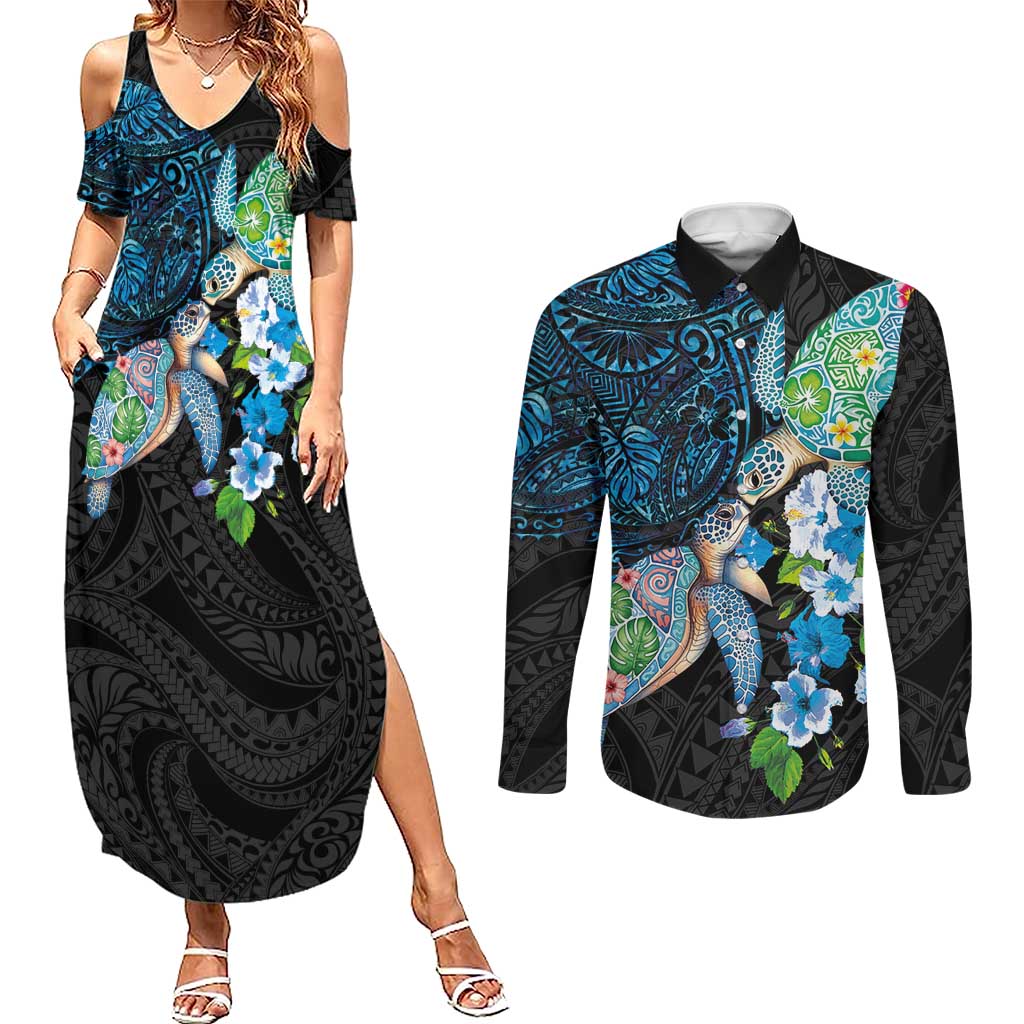 Hawaiian Couple Turtles Honi Couples Matching Summer Maxi Dress and Long Sleeve Button Shirt Polynesian Art Motifs and Hibiscus Black Blue Color LT03 Black - Polynesian Pride