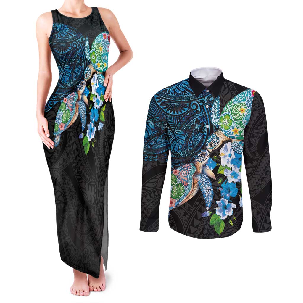 Hawaiian Couple Turtles Honi Couples Matching Tank Maxi Dress and Long Sleeve Button Shirt Polynesian Art Motifs and Hibiscus Black Blue Color LT03 Black - Polynesian Pride