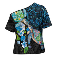 Hawaiian Couple Turtles Honi Cross Shoulder Shirt Polynesian Art Motifs and Hibiscus Black Blue Color LT03 - Polynesian Pride