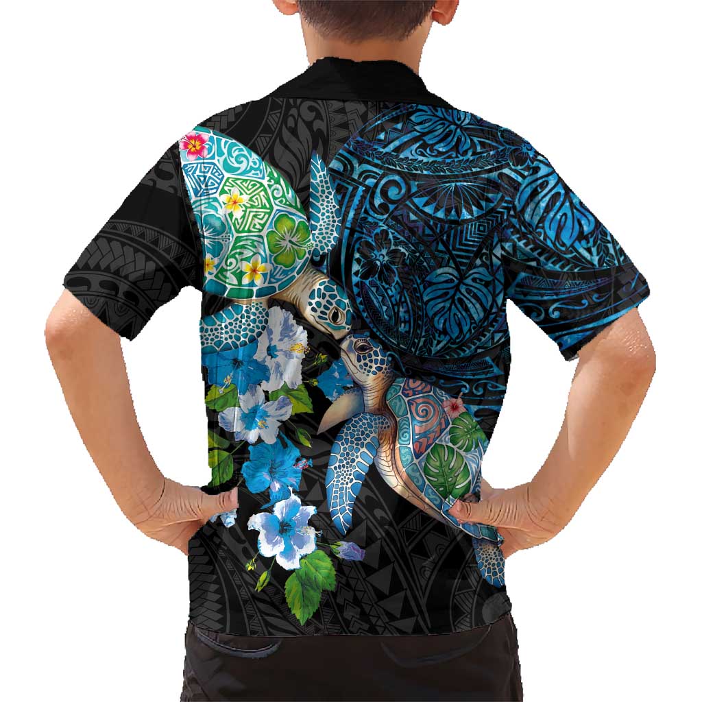 Hawaiian Couple Turtles Honi Family Matching Long Sleeve Bodycon Dress and Hawaiian Shirt Polynesian Art Motifs and Hibiscus Black Blue Color LT03 - Polynesian Pride