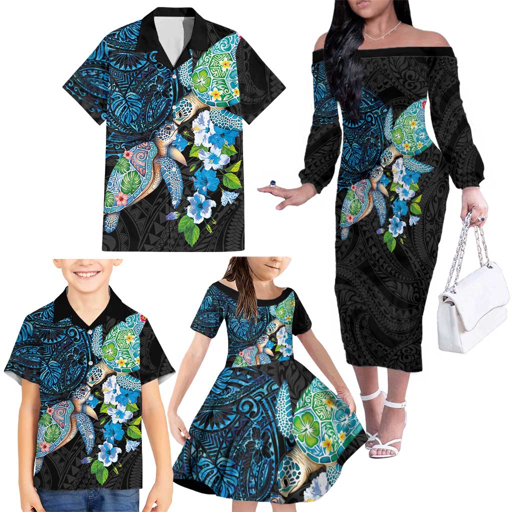 Hawaiian Couple Turtles Honi Family Matching Off The Shoulder Long Sleeve Dress and Hawaiian Shirt Polynesian Art Motifs and Hibiscus Black Blue Color - Polynesian Pride