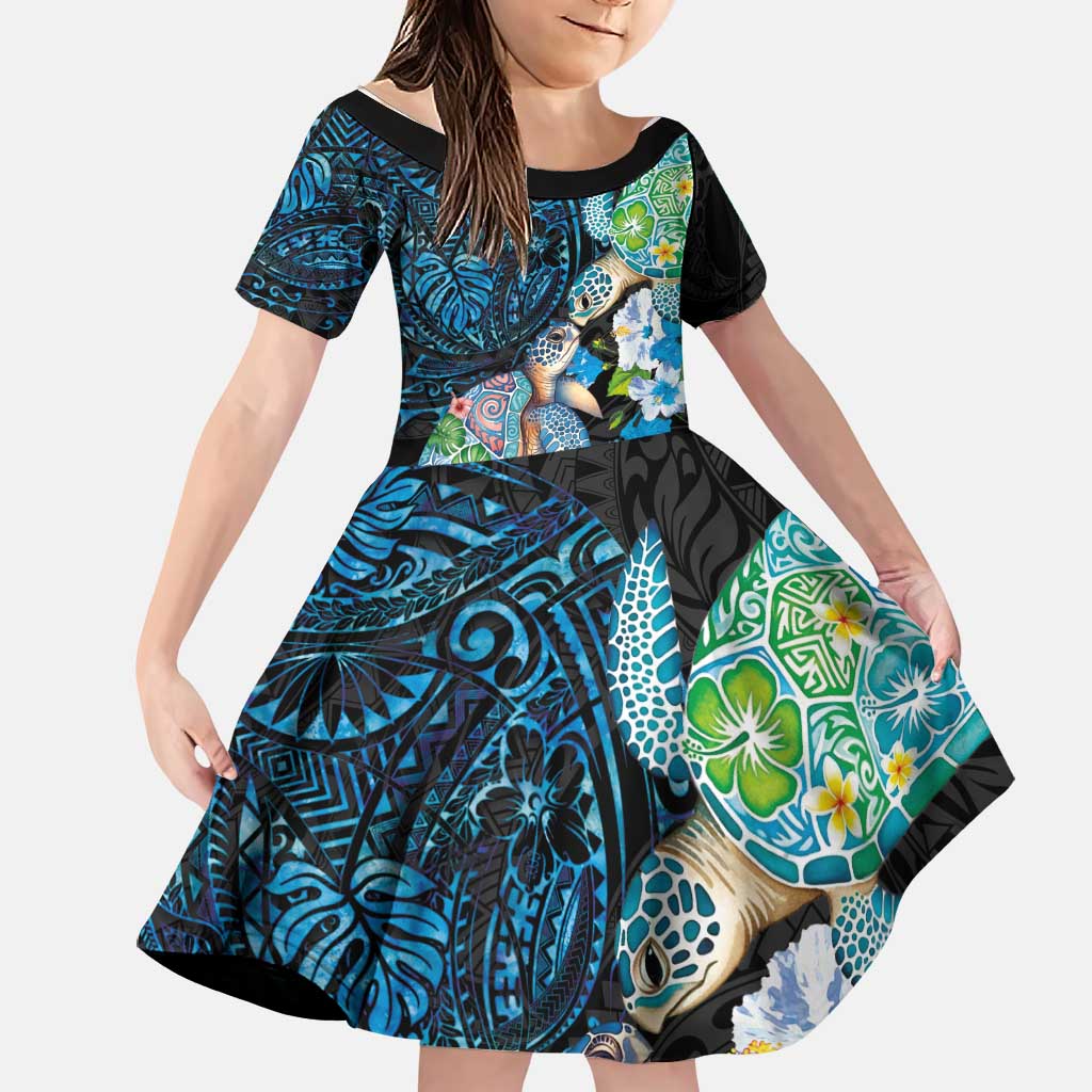 Hawaiian Couple Turtles Honi Family Matching Off Shoulder Maxi Dress and Hawaiian Shirt Polynesian Art Motifs and Hibiscus Black Blue Color LT03 Daughter's Dress Black - Polynesian Pride