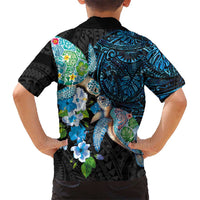 Hawaiian Couple Turtles Honi Family Matching Off Shoulder Short Dress and Hawaiian Shirt Polynesian Art Motifs and Hibiscus Black Blue Color LT03 - Polynesian Pride