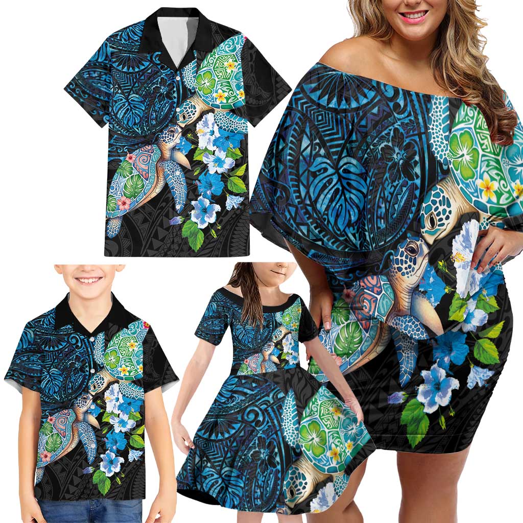 Hawaiian Couple Turtles Honi Family Matching Off Shoulder Short Dress and Hawaiian Shirt Polynesian Art Motifs and Hibiscus Black Blue Color LT03 - Polynesian Pride