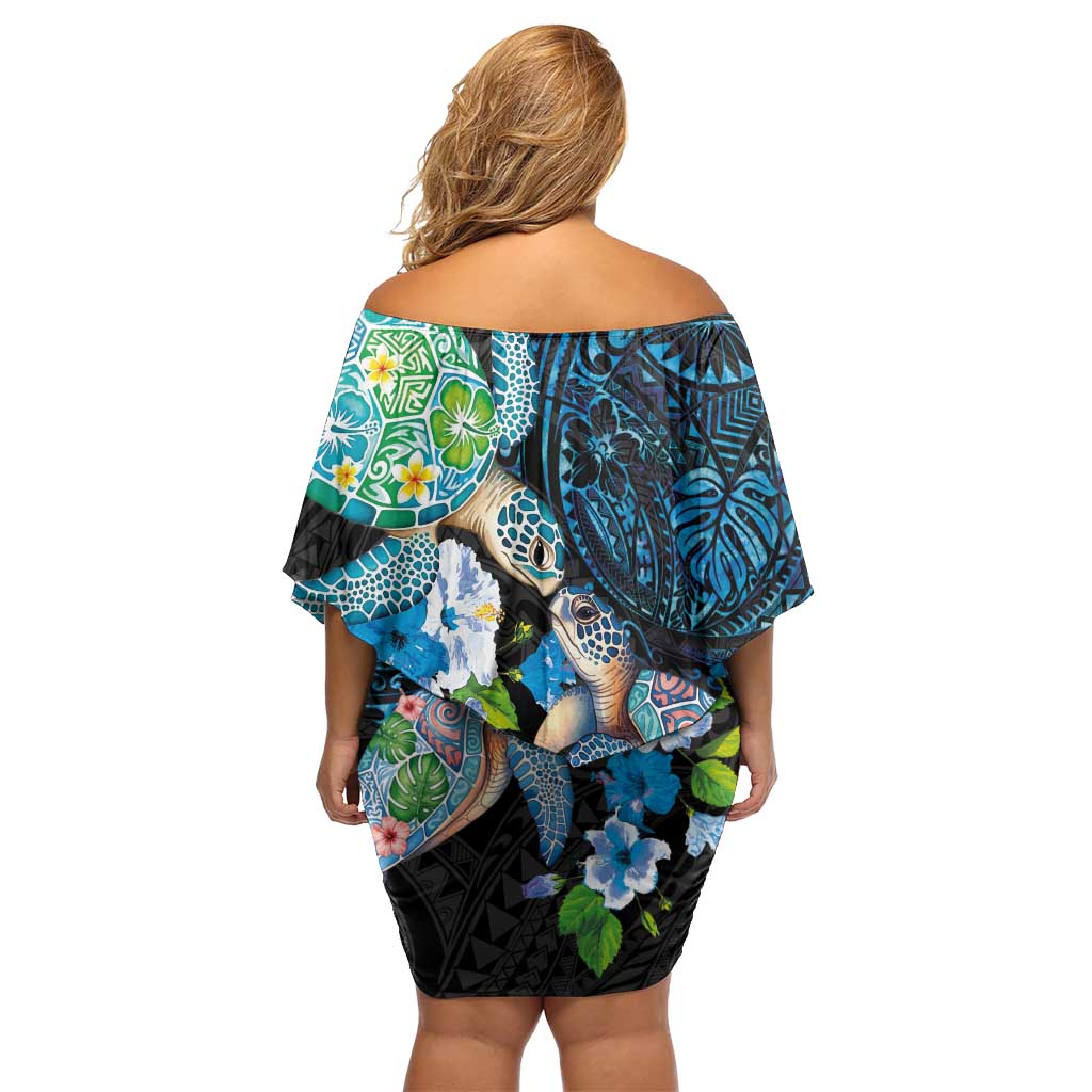 Hawaiian Couple Turtles Honi Family Matching Off Shoulder Short Dress and Hawaiian Shirt Polynesian Art Motifs and Hibiscus Black Blue Color LT03 - Polynesian Pride