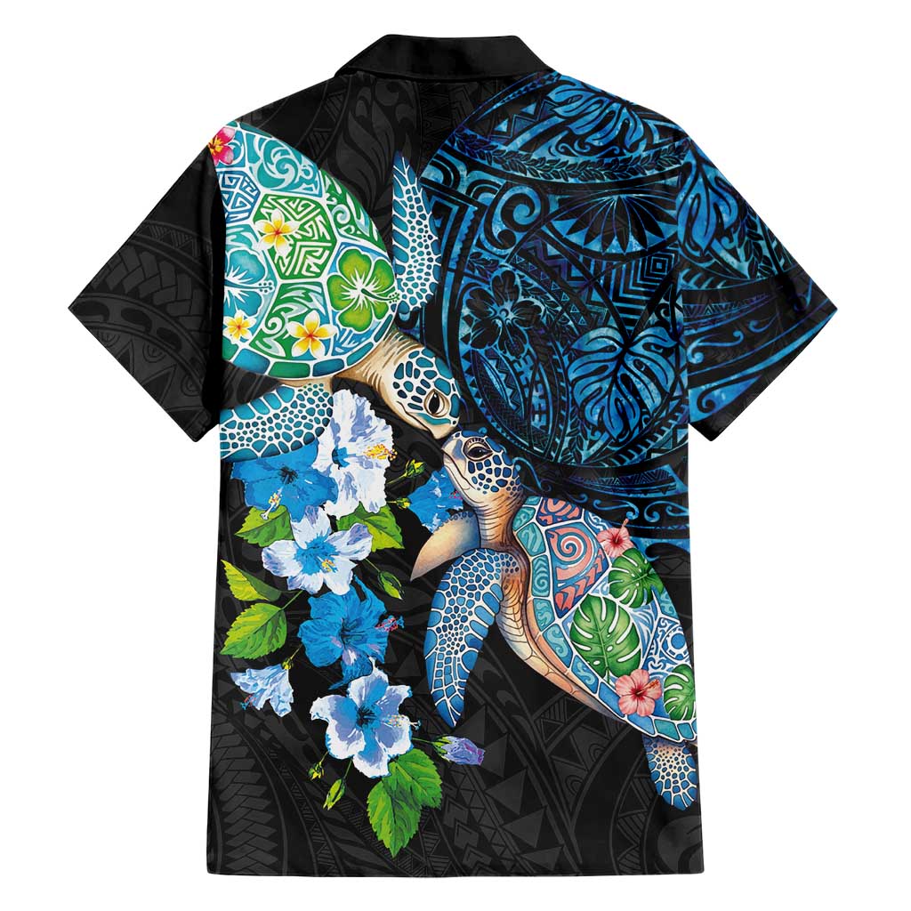 Hawaiian Couple Turtles Honi Family Matching Puletasi and Hawaiian Shirt Polynesian Art Motifs and Hibiscus Black Blue Color LT03 - Polynesian Pride