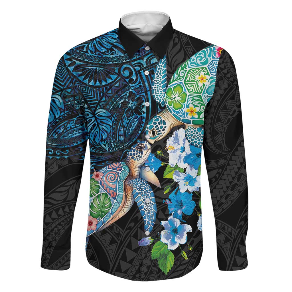 Hawaiian Couple Turtles Honi Family Matching Puletasi and Hawaiian Shirt Polynesian Art Motifs and Hibiscus Black Blue Color LT03 Dad's Shirt - Long Sleeve Black - Polynesian Pride