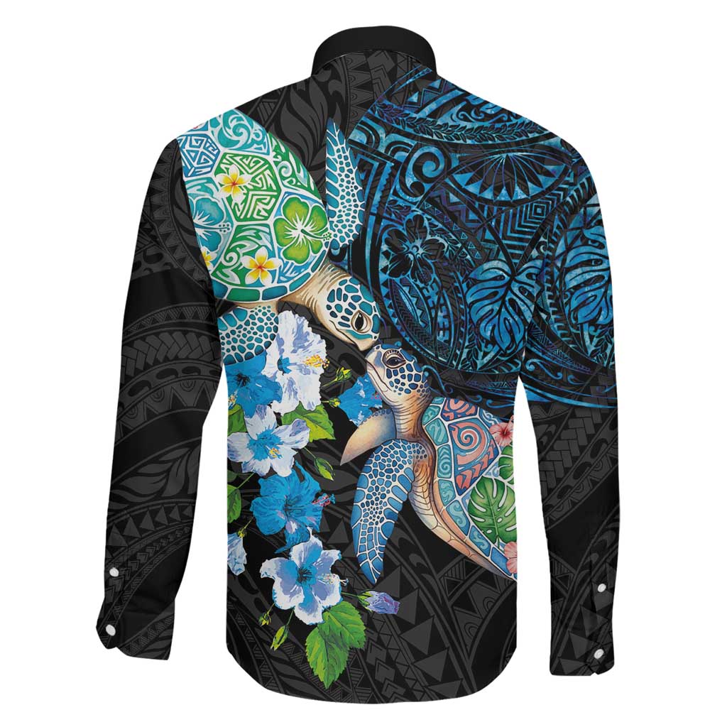 Hawaiian Couple Turtles Honi Family Matching Puletasi and Hawaiian Shirt Polynesian Art Motifs and Hibiscus Black Blue Color LT03 - Polynesian Pride