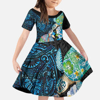 Hawaiian Couple Turtles Honi Family Matching Short Sleeve Bodycon Dress and Hawaiian Shirt Polynesian Art Motifs and Hibiscus Black Blue Color LT03 Daughter's Dress Black - Polynesian Pride