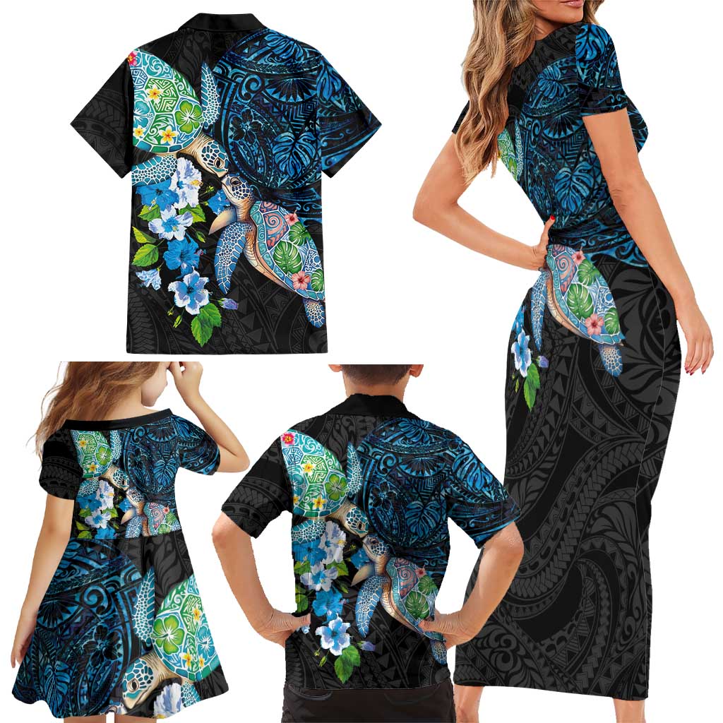 Hawaiian Couple Turtles Honi Family Matching Short Sleeve Bodycon Dress and Hawaiian Shirt Polynesian Art Motifs and Hibiscus Black Blue Color LT03 - Polynesian Pride