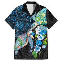 Hawaiian Couple Turtles Honi Family Matching Summer Maxi Dress and Hawaiian Shirt Polynesian Art Motifs and Hibiscus Black Blue Color LT03 Dad's Shirt - Short Sleeve Black - Polynesian Pride