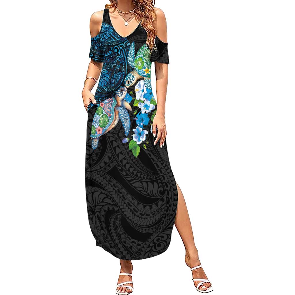 Hawaiian Couple Turtles Honi Family Matching Summer Maxi Dress and Hawaiian Shirt Polynesian Art Motifs and Hibiscus Black Blue Color LT03 Mom's Dress Black - Polynesian Pride