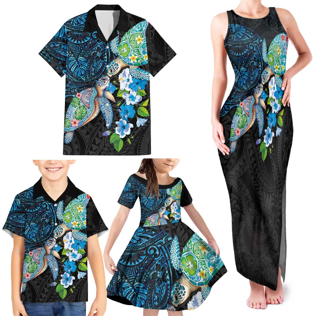 Hawaiian Couple Turtles Honi Family Matching Tank Maxi Dress and Hawaiian Shirt Polynesian Art Motifs and Hibiscus Black Blue Color - Polynesian Pride