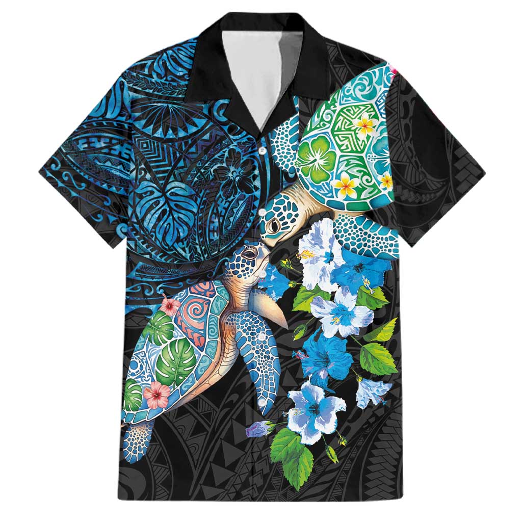 Hawaiian Couple Turtles Honi Family Matching Tank Maxi Dress and Hawaiian Shirt Polynesian Art Motifs and Hibiscus Black Blue Color LT03 Dad's Shirt - Short Sleeve Black - Polynesian Pride