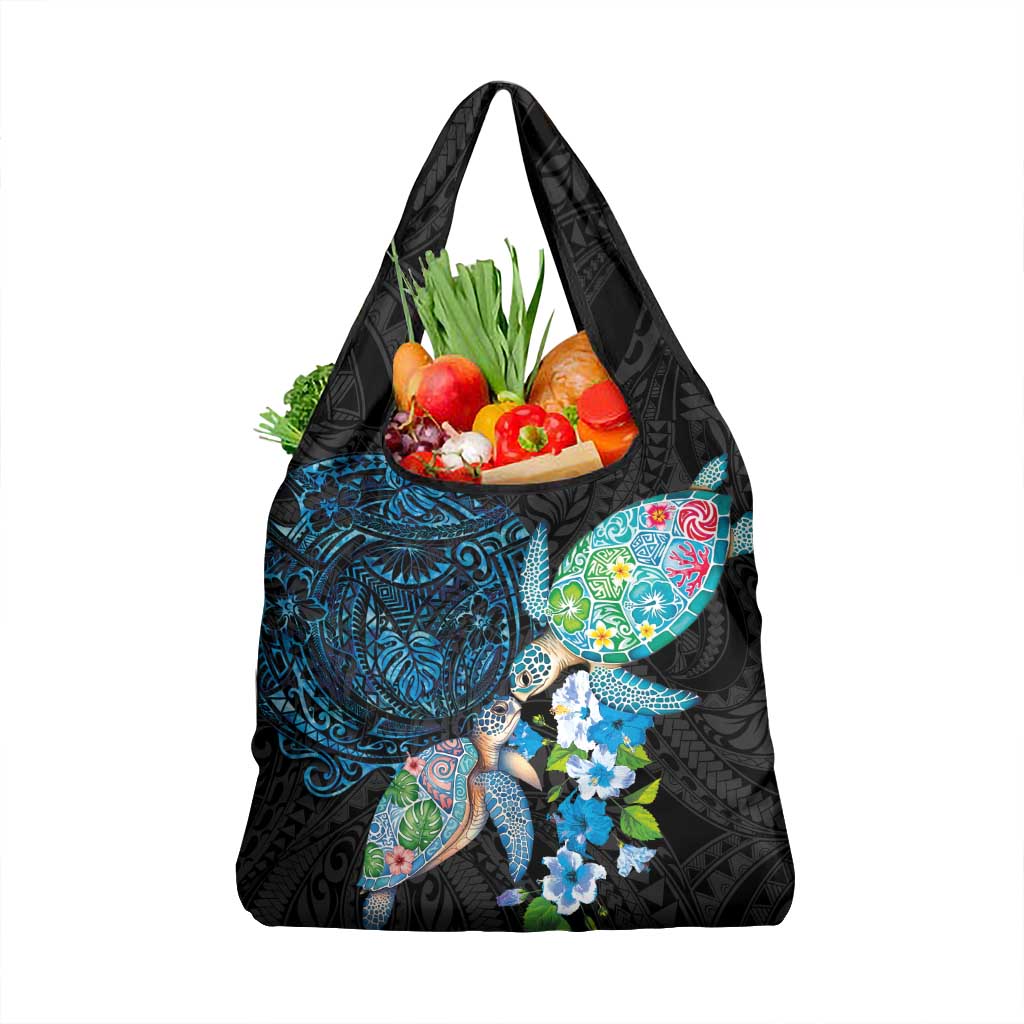 Hawaiian Couple Turtles Honi Grocery Bag Polynesian Art Motifs and Hibiscus Black Blue Color LT03 1-pack One Size Black - Polynesian Pride