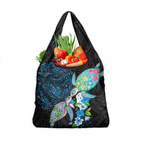 Hawaiian Couple Turtles Honi Grocery Bag Polynesian Art Motifs and Hibiscus Black Blue Color LT03 1-pack One Size Black - Polynesian Pride