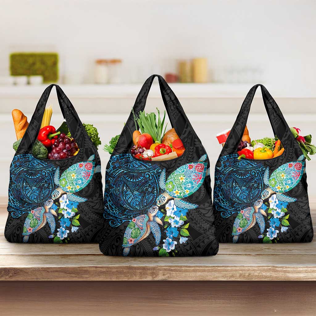Hawaiian Couple Turtles Honi Grocery Bag Polynesian Art Motifs and Hibiscus Black Blue Color LT03 3-pack One Size Black - Polynesian Pride