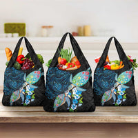 Hawaiian Couple Turtles Honi Grocery Bag Polynesian Art Motifs and Hibiscus Black Blue Color LT03 3-pack One Size Black - Polynesian Pride