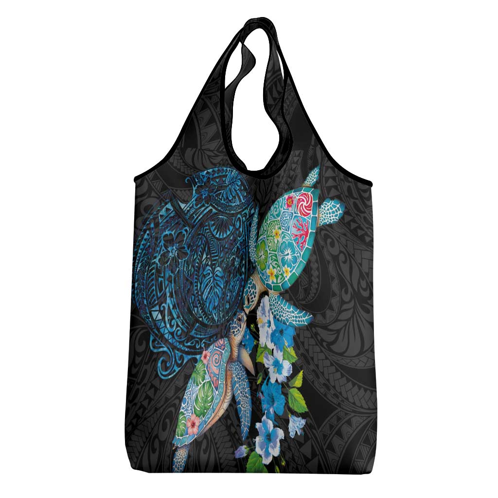 Hawaiian Couple Turtles Honi Grocery Bag Polynesian Art Motifs and Hibiscus Black Blue Color LT03 - Polynesian Pride