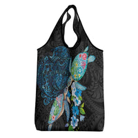 Hawaiian Couple Turtles Honi Grocery Bag Polynesian Art Motifs and Hibiscus Black Blue Color LT03 - Polynesian Pride
