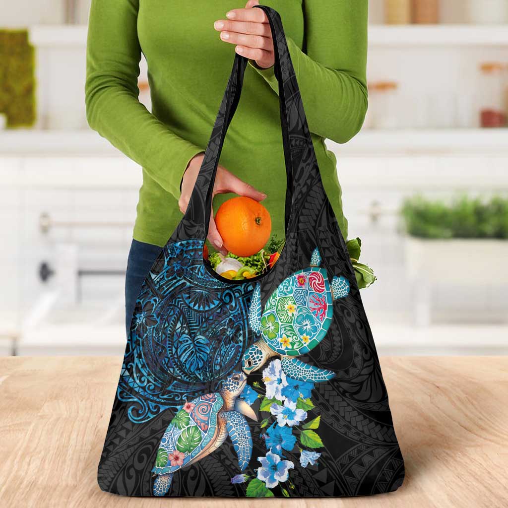 Hawaiian Couple Turtles Honi Grocery Bag Polynesian Art Motifs and Hibiscus Black Blue Color LT03 - Polynesian Pride