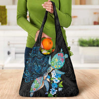 Hawaiian Couple Turtles Honi Grocery Bag Polynesian Art Motifs and Hibiscus Black Blue Color LT03 - Polynesian Pride