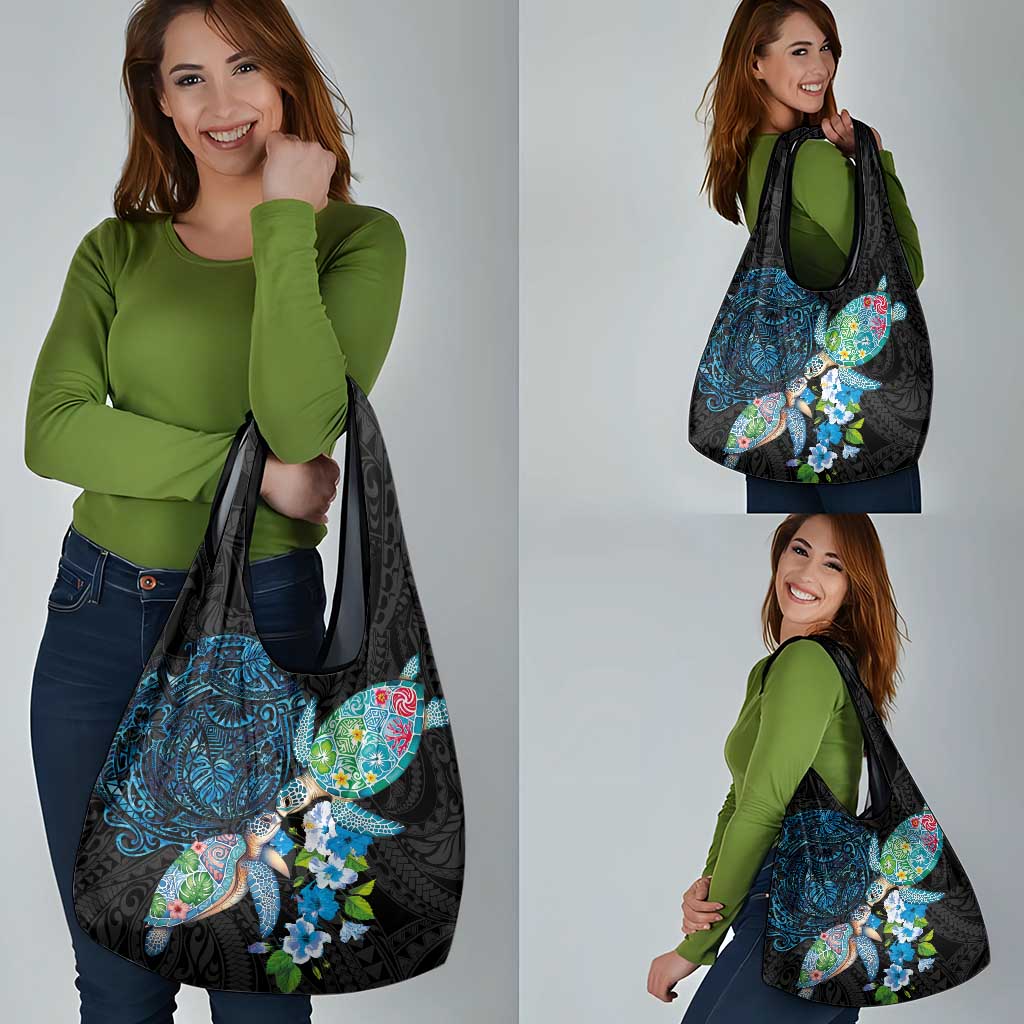 Hawaiian Couple Turtles Honi Grocery Bag Polynesian Art Motifs and Hibiscus Black Blue Color LT03 - Polynesian Pride