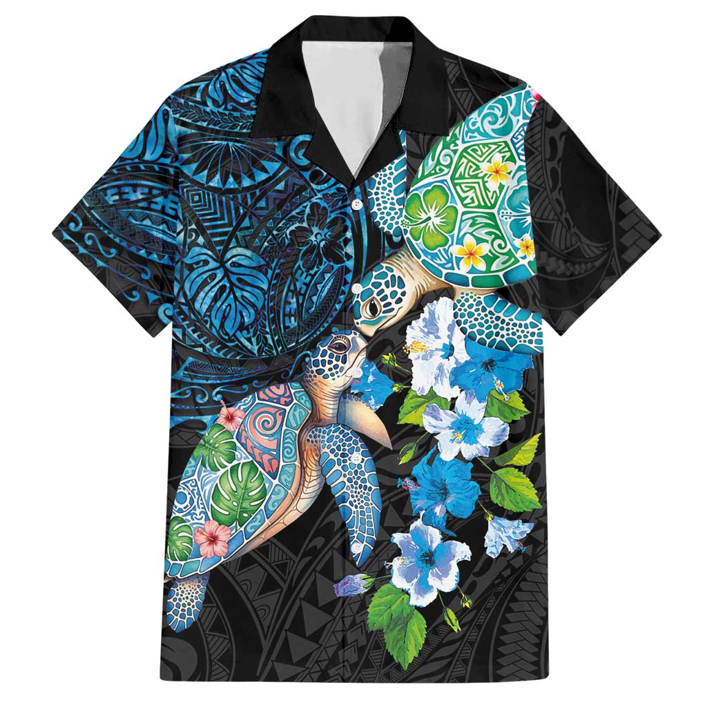 Hawaiian Couple Turtles Honi Hawaiian Shirt Polynesian Art Motifs and Hibiscus Black Blue Color LT03 Black - Polynesian Pride