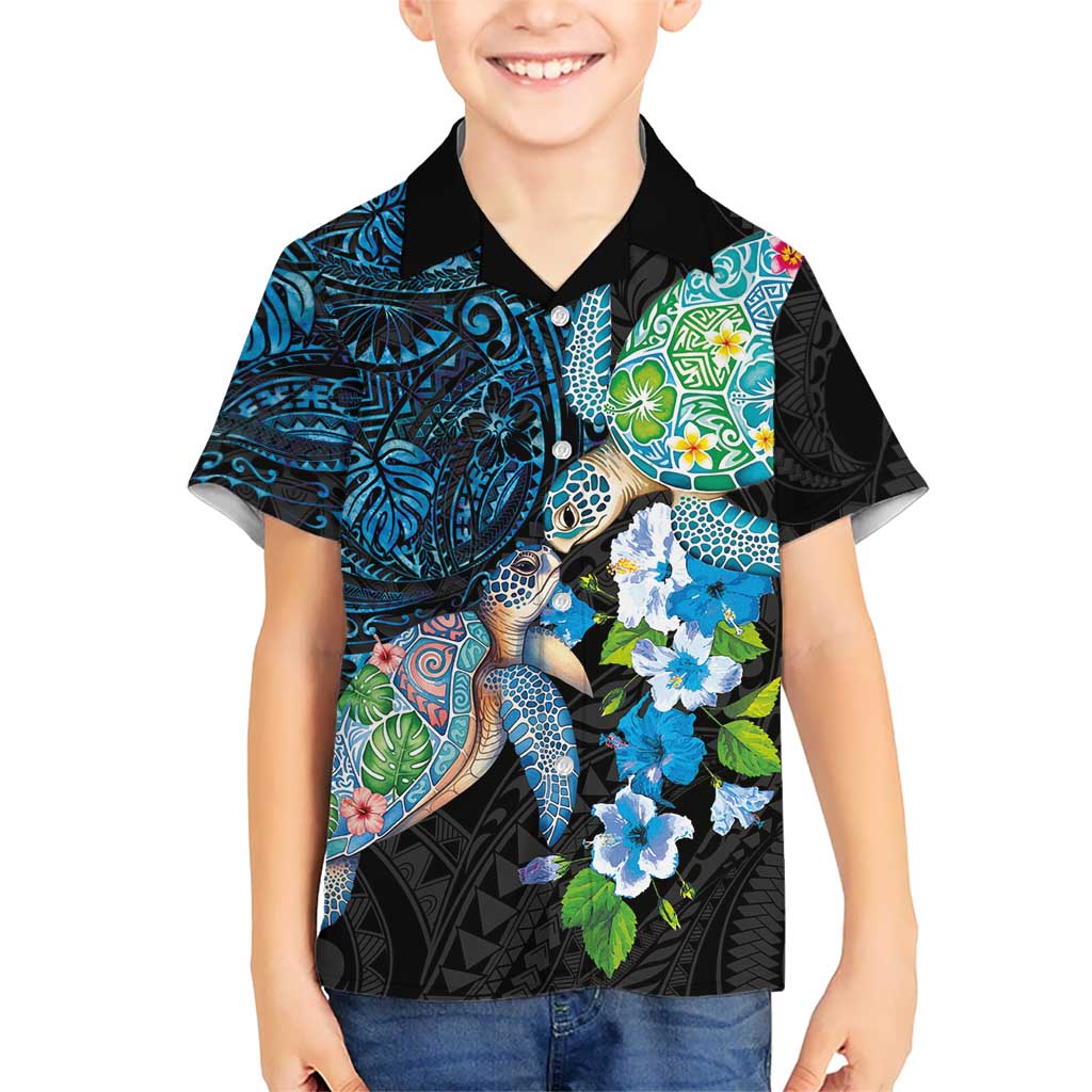 Hawaiian Couple Turtles Honi Hawaiian Shirt Polynesian Art Motifs and Hibiscus Black Blue Color LT03 - Polynesian Pride