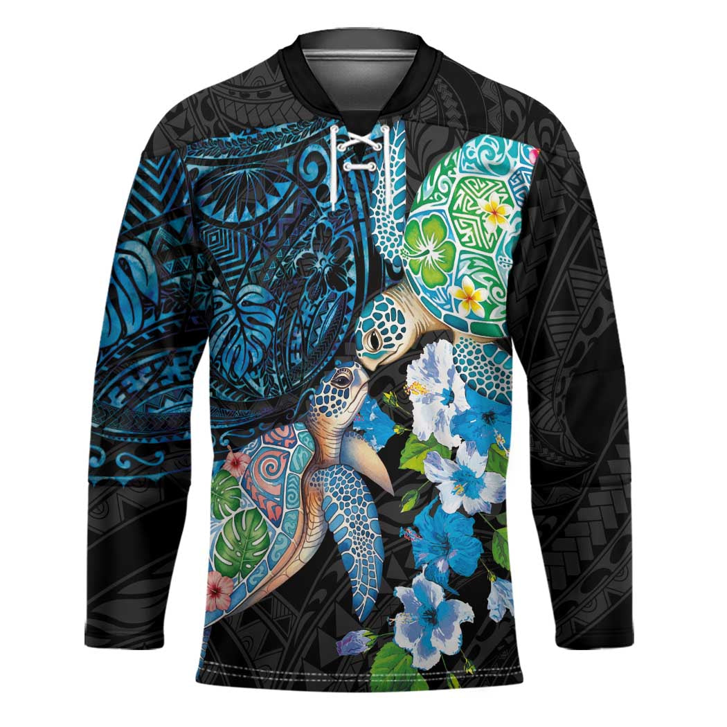 Hawaiian Couple Turtles Honi Hockey Jersey Polynesian Art Motifs and Hibiscus Black Blue Color LT03 Unisex Black - Polynesian Pride