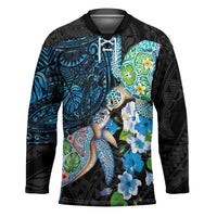 Hawaiian Couple Turtles Honi Hockey Jersey Polynesian Art Motifs and Hibiscus Black Blue Color LT03 Unisex Black - Polynesian Pride