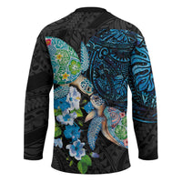 Hawaiian Couple Turtles Honi Hockey Jersey Polynesian Art Motifs and Hibiscus Black Blue Color LT03 - Polynesian Pride