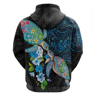Hawaiian Couple Turtles Honi Hoodie Polynesian Art Motifs and Hibiscus Black Blue Color LT03 - Polynesian Pride
