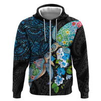 Hawaiian Couple Turtles Honi Hoodie Polynesian Art Motifs and Hibiscus Black Blue Color LT03 Zip Hoodie Black - Polynesian Pride