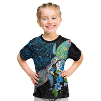 Hawaiian Couple Turtles Honi Kid T Shirt Polynesian Art Motifs and Hibiscus Black Blue Color LT03 Black - Polynesian Pride