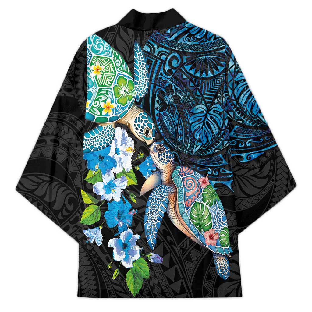 Hawaiian Couple Turtles Honi Kimono Polynesian Art Motifs and Hibiscus Black Blue Color LT03 - Polynesian Pride