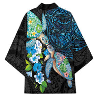 Hawaiian Couple Turtles Honi Kimono Polynesian Art Motifs and Hibiscus Black Blue Color LT03 - Polynesian Pride