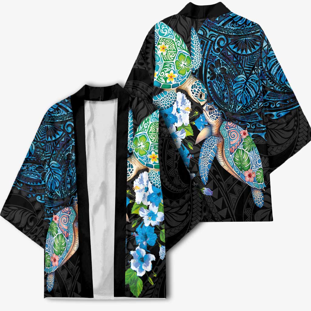 Hawaiian Couple Turtles Honi Kimono Polynesian Art Motifs and Hibiscus Black Blue Color LT03 - Polynesian Pride