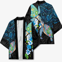 Hawaiian Couple Turtles Honi Kimono Polynesian Art Motifs and Hibiscus Black Blue Color LT03 - Polynesian Pride