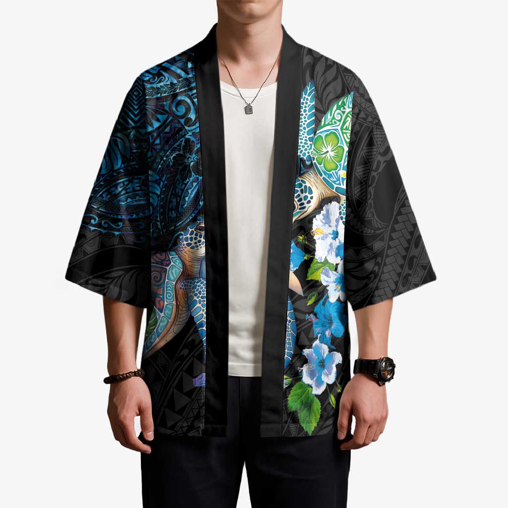 Hawaiian Couple Turtles Honi Kimono Polynesian Art Motifs and Hibiscus Black Blue Color LT03 - Polynesian Pride