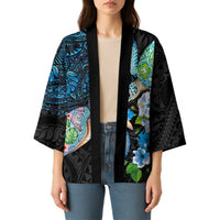 Hawaiian Couple Turtles Honi Kimono Polynesian Art Motifs and Hibiscus Black Blue Color LT03 - Polynesian Pride