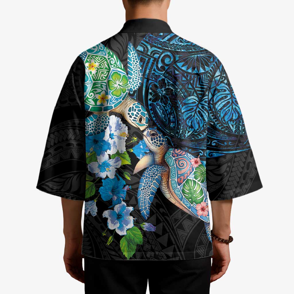 Hawaiian Couple Turtles Honi Kimono Polynesian Art Motifs and Hibiscus Black Blue Color LT03 - Polynesian Pride