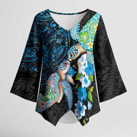 Hawaiian Couple Turtles Honi Kimono Sleeve Blouse Polynesian Art Motifs and Hibiscus Black Blue Color LT03 Female Black - Polynesian Pride