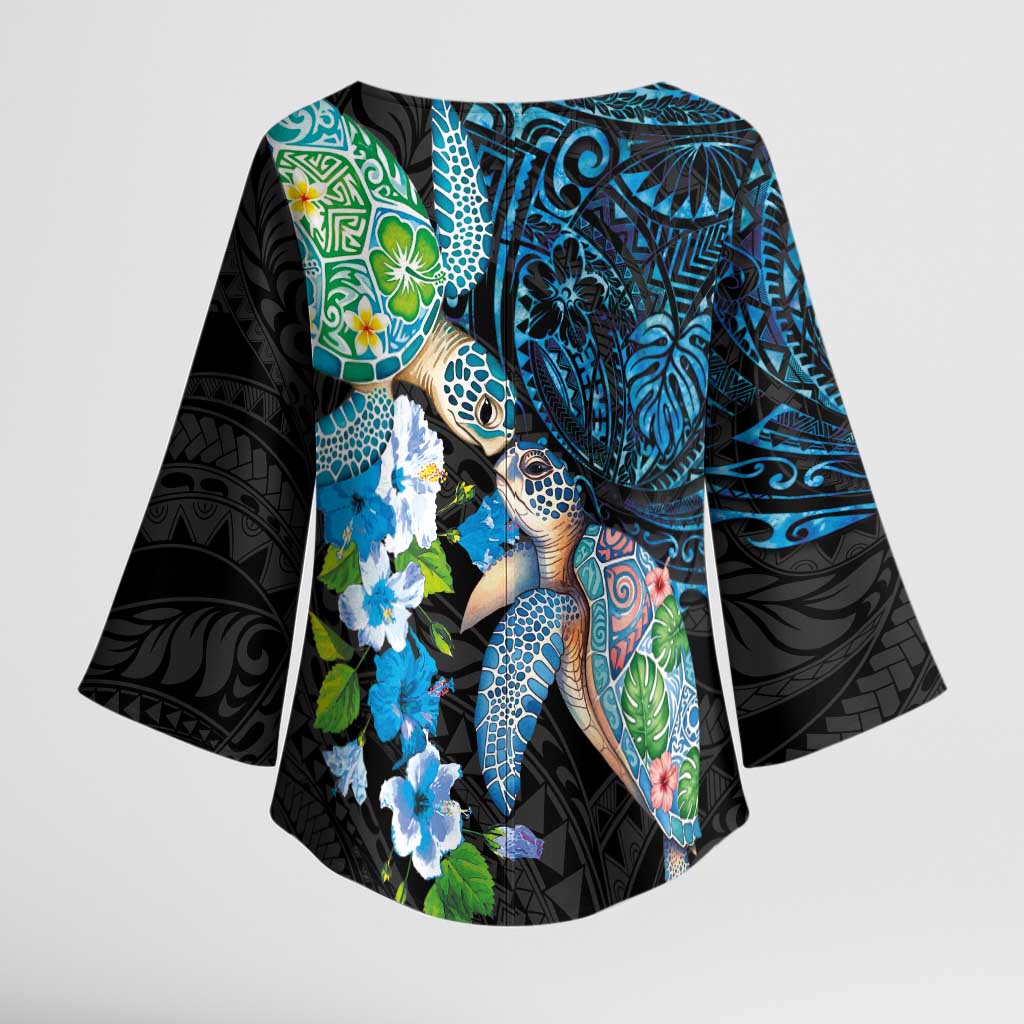 Hawaiian Couple Turtles Honi Kimono Sleeve Blouse Polynesian Art Motifs and Hibiscus Black Blue Color LT03 - Polynesian Pride